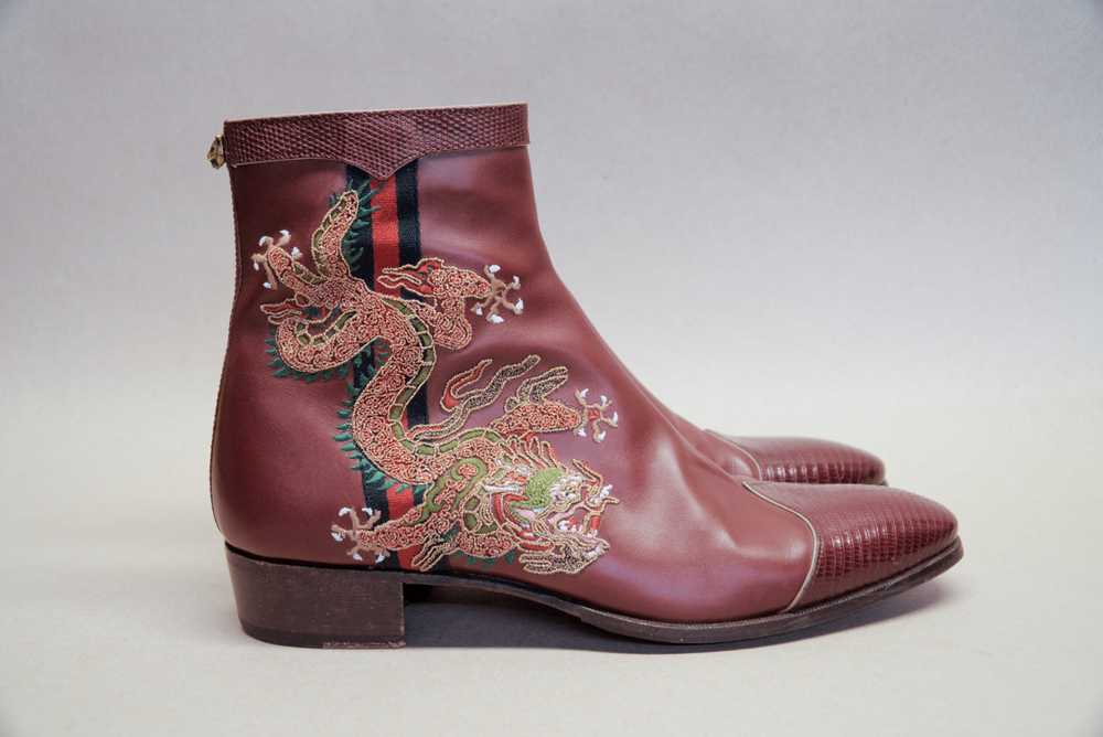 Gucci Web Stripe Dragon Embroidered Leather Chels… - image 3