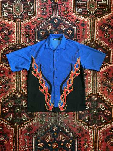 Vintage No Boundaries Dragon Button Shirt Mens XL Blue All Over Print  Tribal Y2K