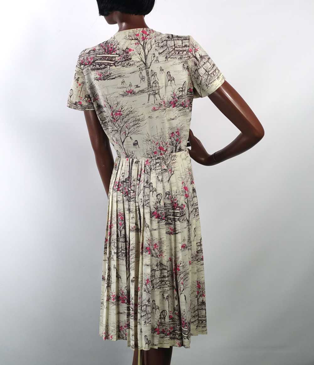 Women's 50s 60s Dress Novelty Print Vintage Pink … - image 3