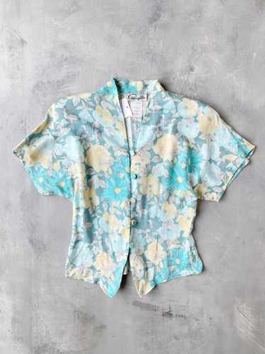 Structured Blue & Yellow Floral Blouse 80's - Smal