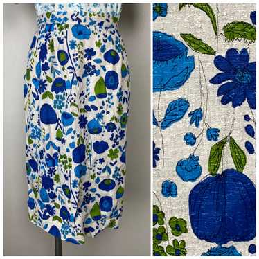 1960s Blue Floral Pencil Skirt, Size Small, 25.5"… - image 1