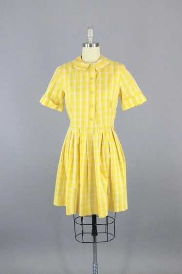 Vintage Yellow Plaid Cotton Dress