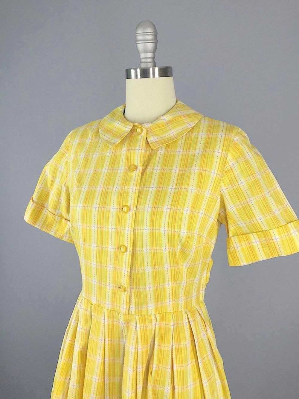 Vintage Yellow Plaid Cotton Dress - image 2