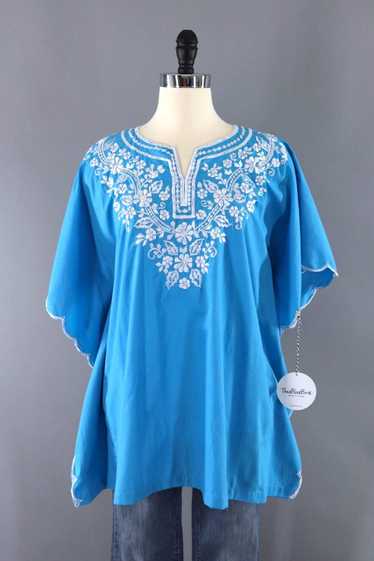Vintage Turquoise Blue Embroidered Tunic Blouse