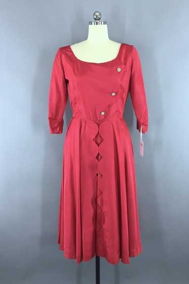 1950s Vintage Raspberry Red Taffeta Cocktail Dress