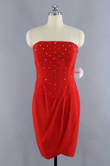 Vintage Red Rhinestone Strapless Mini Dress - image 1