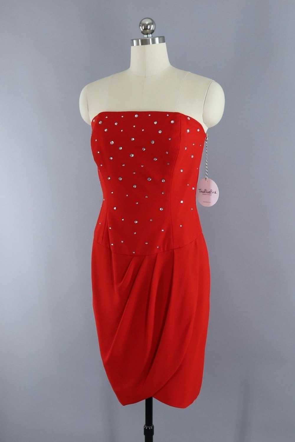 Vintage Red Rhinestone Strapless Mini Dress - image 2