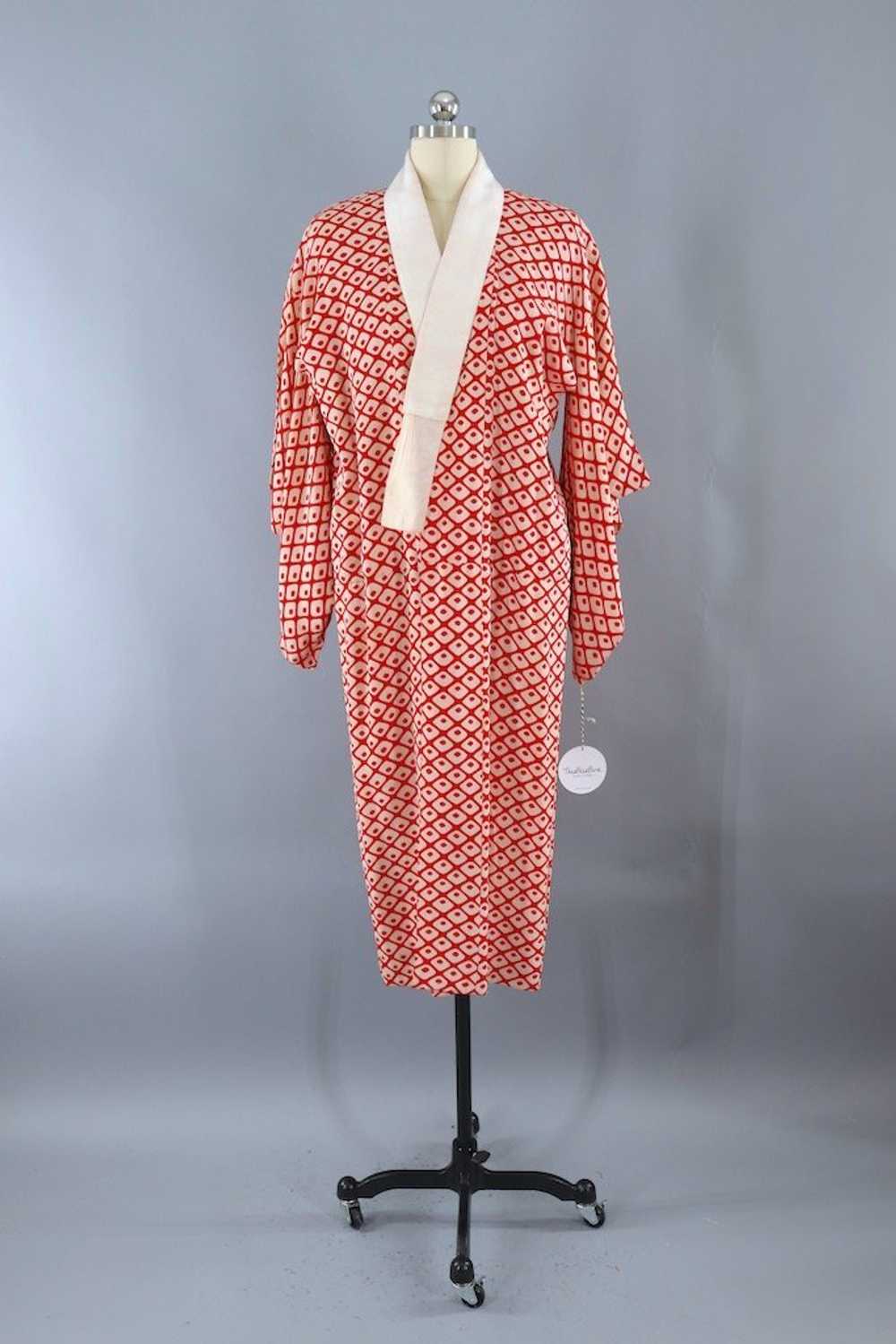 Vintage Red and White Diamond Silk Kimono Robe - image 1