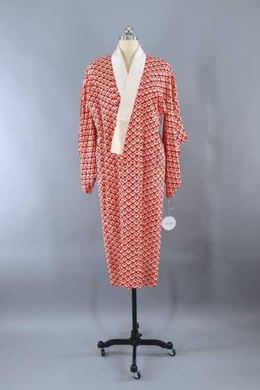 Vintage Red and White Diamond Silk Kimono Robe