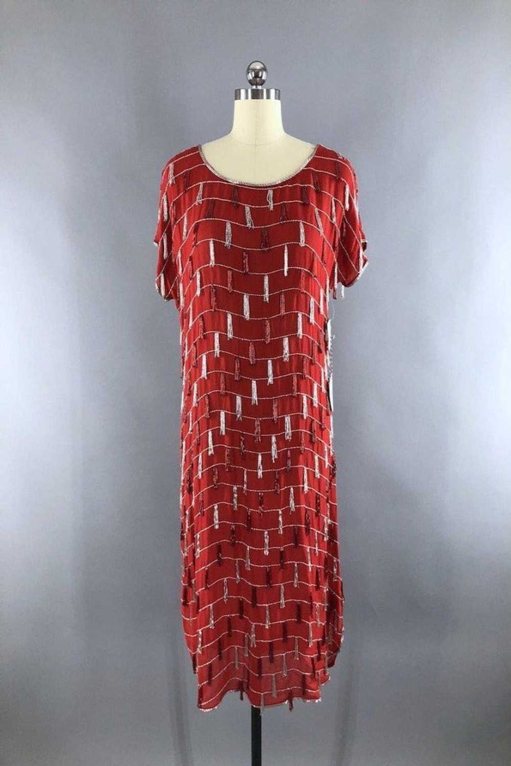 Vintage Red Beaded Silk Chiffon Flapper Dress - image 1