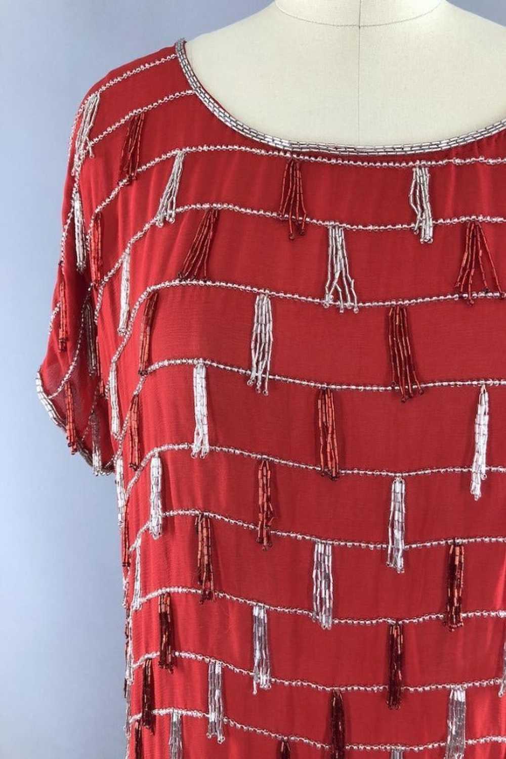 Vintage Red Beaded Silk Chiffon Flapper Dress - image 3
