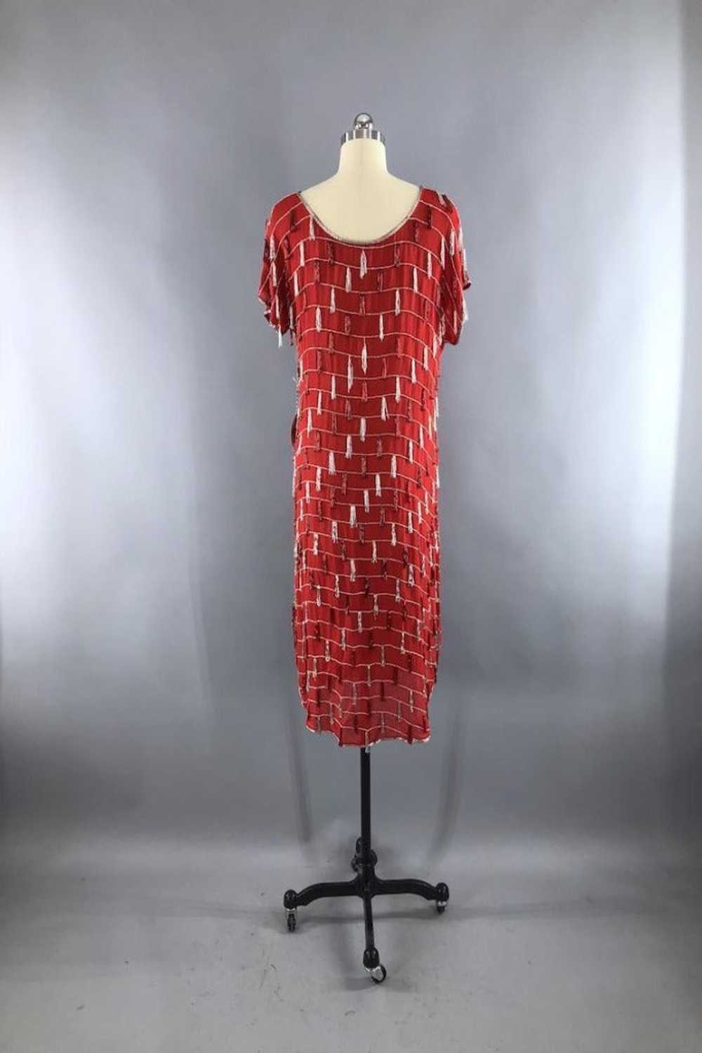 Vintage Red Beaded Silk Chiffon Flapper Dress - image 5