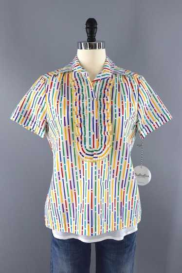 Vintage Rainbow Print Ruffle Blouse