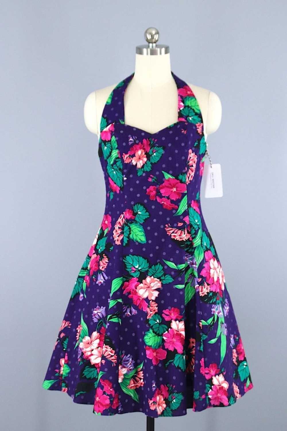 Vintage Purple Floral Print Halter Dress - image 1