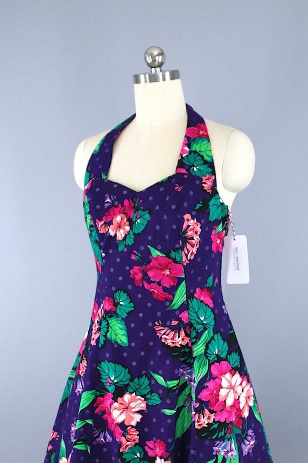 Vintage Purple Floral Print Halter Dress - image 2