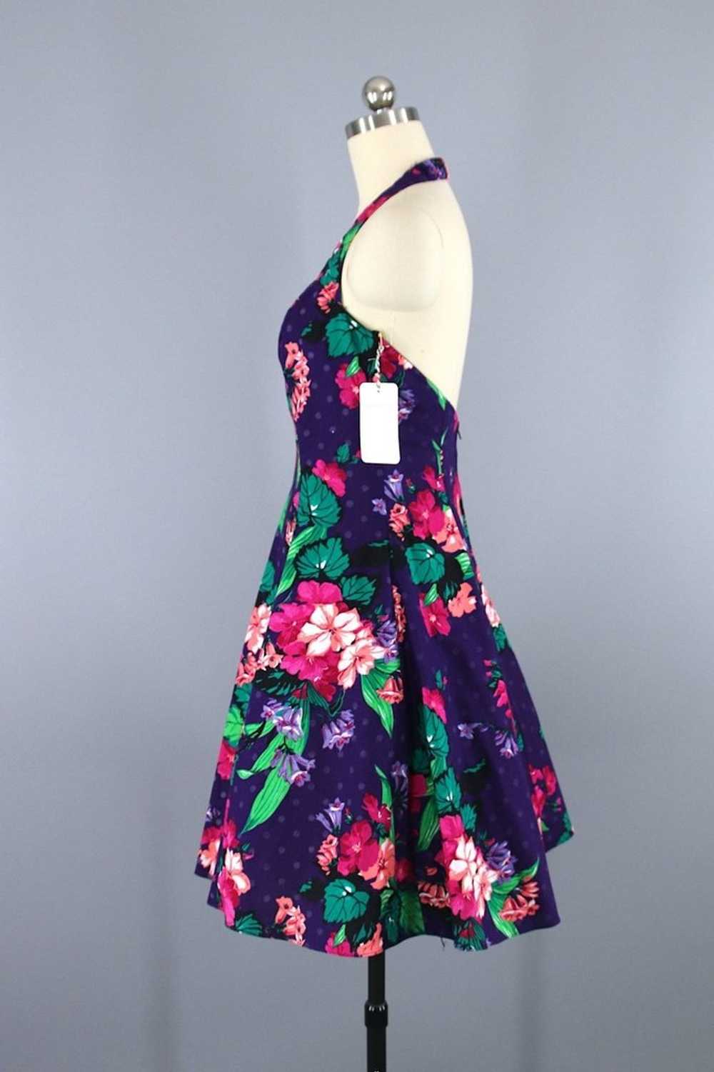 Vintage Purple Floral Print Halter Dress - image 3