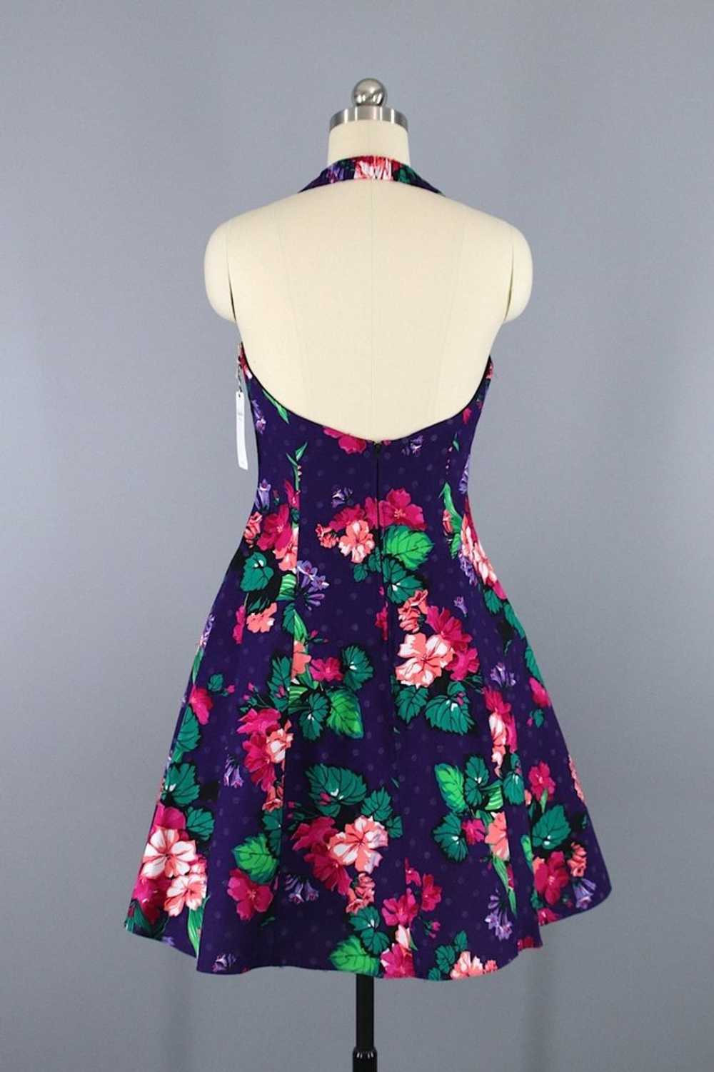 Vintage Purple Floral Print Halter Dress - image 4