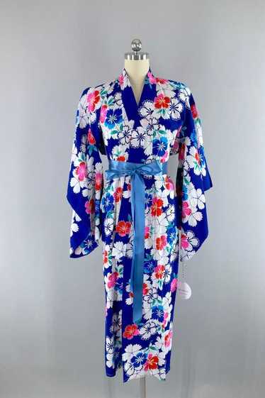 Blue & Pink Cotton Yukata Kimono Robe