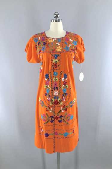 Vintage Orange Mexican Embroidered Dress