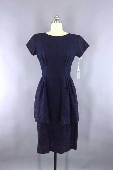Vintage Navy Blue Lace Peplum Dress - image 1