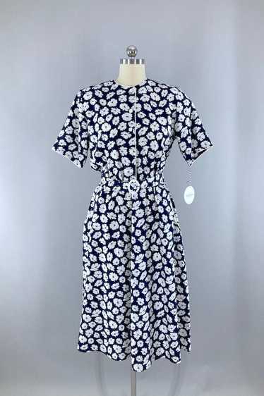 Vintage Navy Floral Print Day Dress - image 1