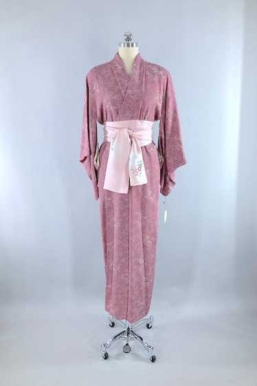 Vintage Mauve Pink Floral Print Silk Kimono Robe