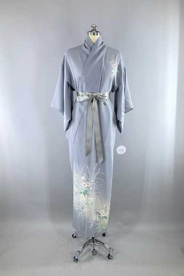 Vintage Grey Sheer Floral Print Kimono Robe