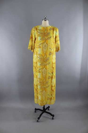 Vintage Golden Yellow Floral Print Maxi Dress