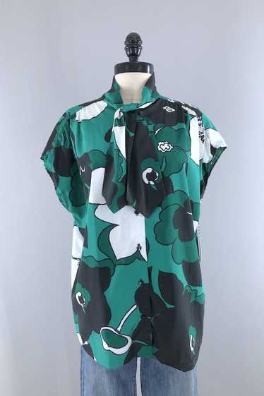 Vintage Green Floral Print Blouse - image 1