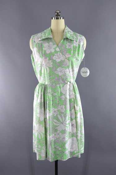Vintage Green Floral Print Wrap Dress