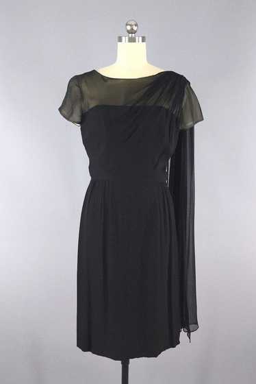 Vintage 1950s Black Chiffon Illusion Silk Dress - image 1