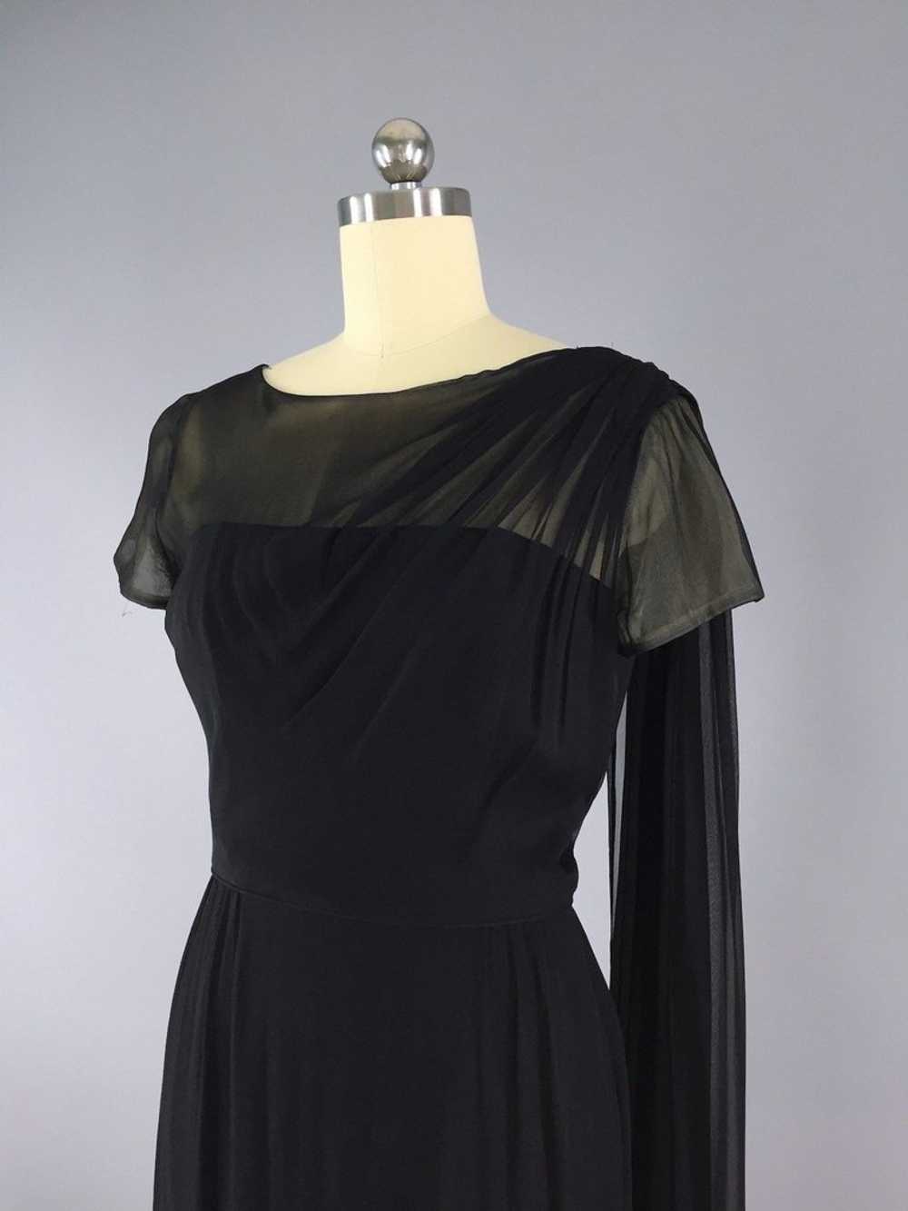 Vintage 1950s Black Chiffon Illusion Silk Dress - image 2