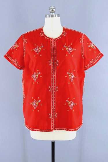 Vintage Cherry Red Floral Embroidered Blouse