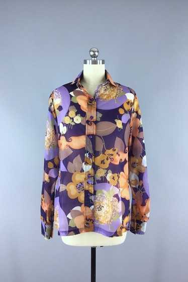 Vintage Chiffon Blouse / Purple Floral Print - image 1