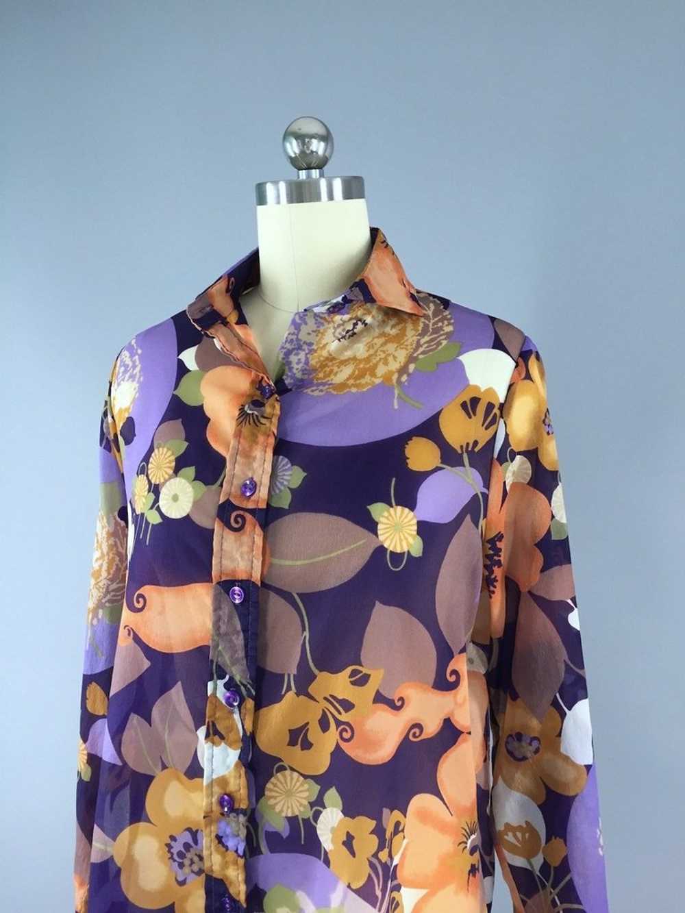 Vintage Chiffon Blouse / Purple Floral Print - image 2