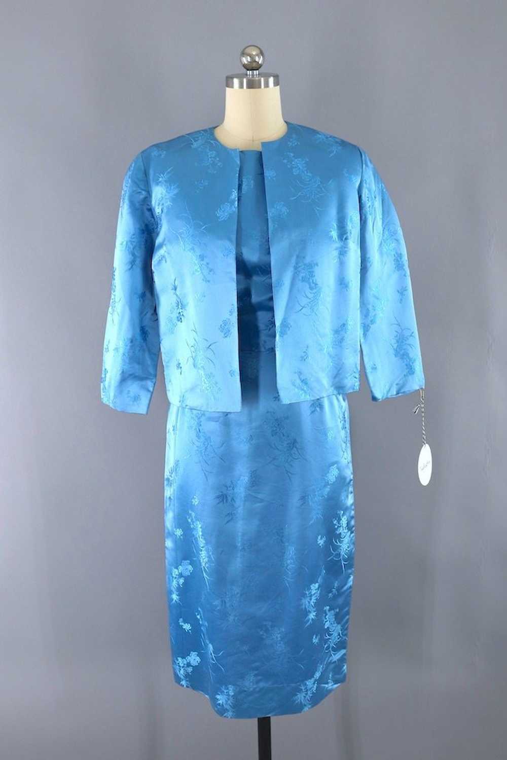 Vintage Blue Satin Dress and Jacket Set - image 1