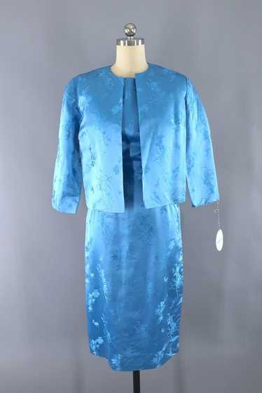 Vintage Blue Satin Dress and Jacket Set - image 1