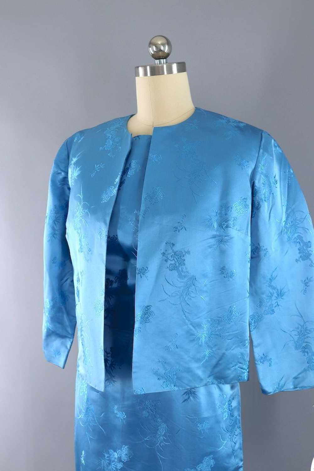 Vintage Blue Satin Dress and Jacket Set - image 4