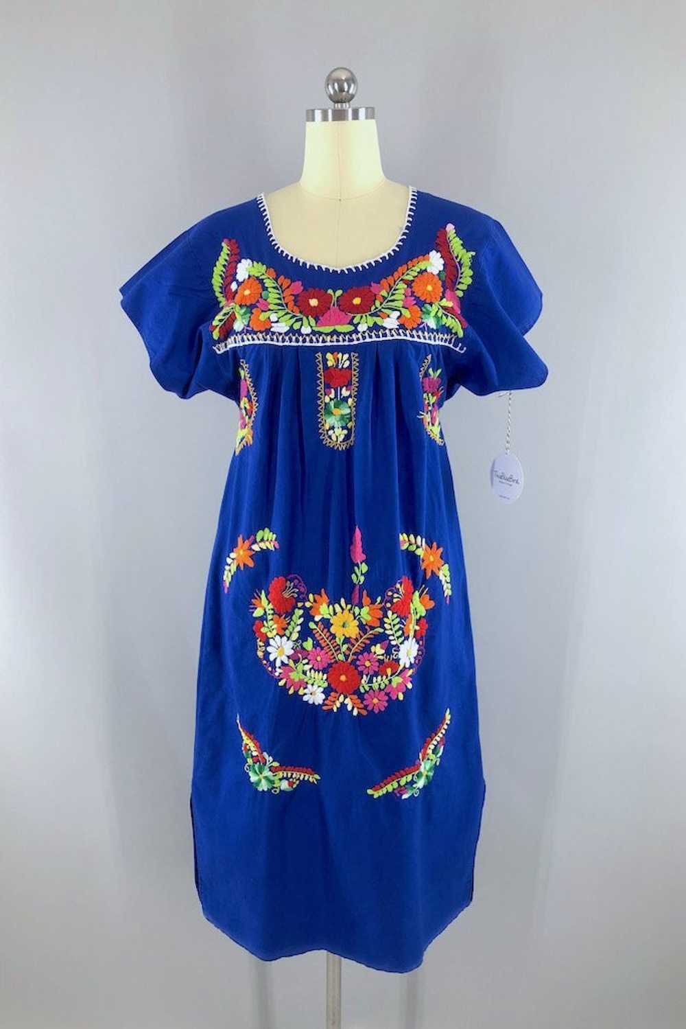 Vintage Blue Mexican Embroidered Caftan - image 1