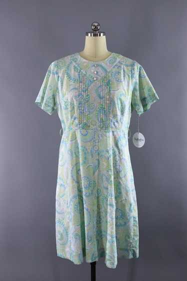 Vintage Blue Paisley Print Day Dress - image 1