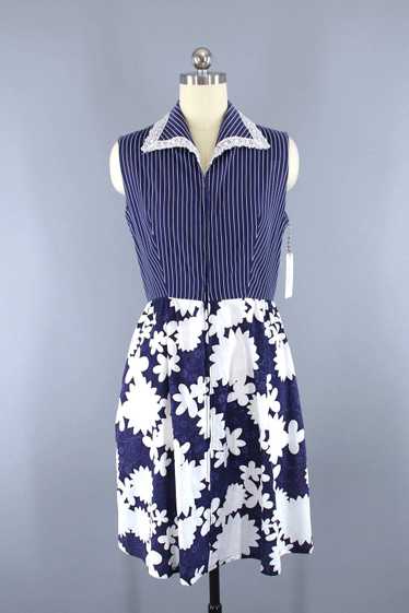 Vintage Blue Floral + Stripes Summer Dress