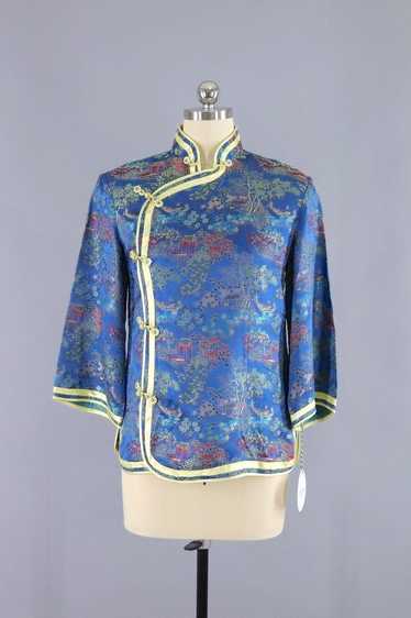 Vintage Blue & Yellow Satin Brocade Asian Blouse