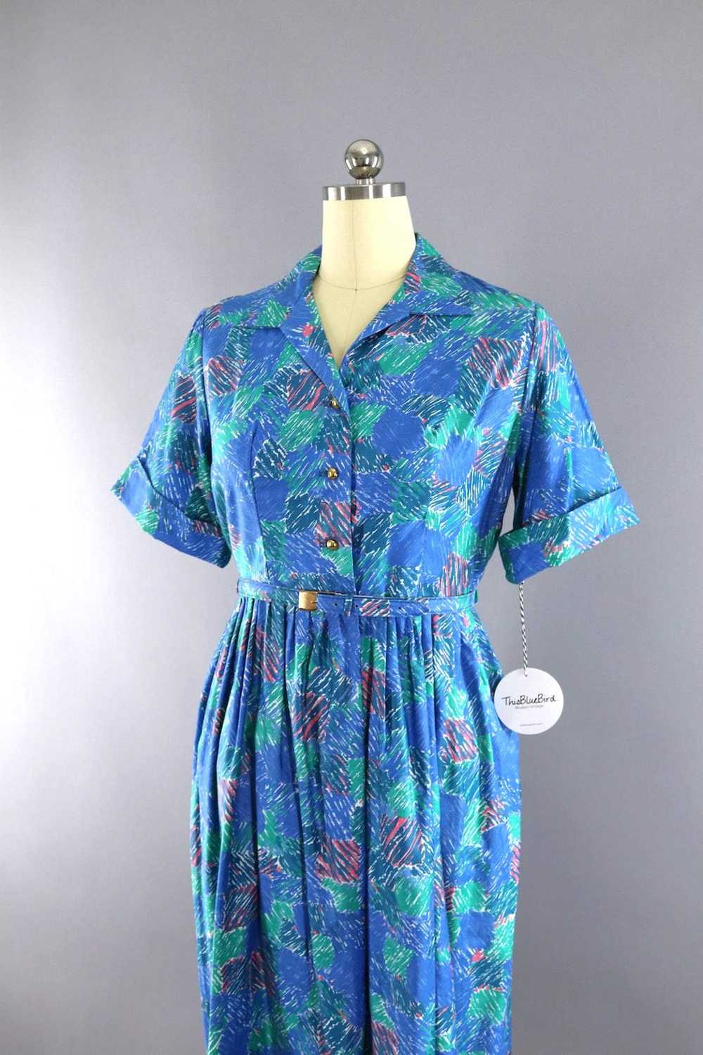 Vintage Blue Abstract Day Dress - image 2