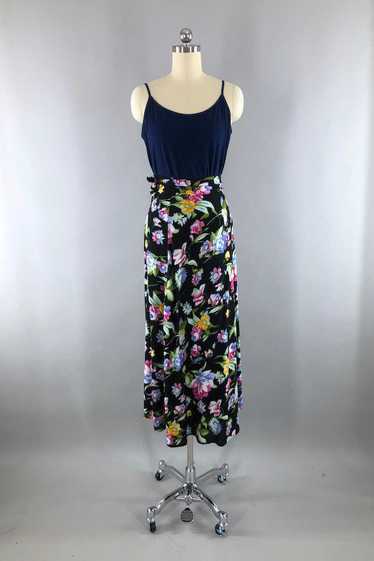 Vintage Black Floral Print Wrap Skirt