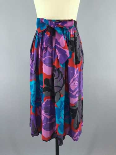 Vintage 1980s Purple Rose Floral Print Skirt