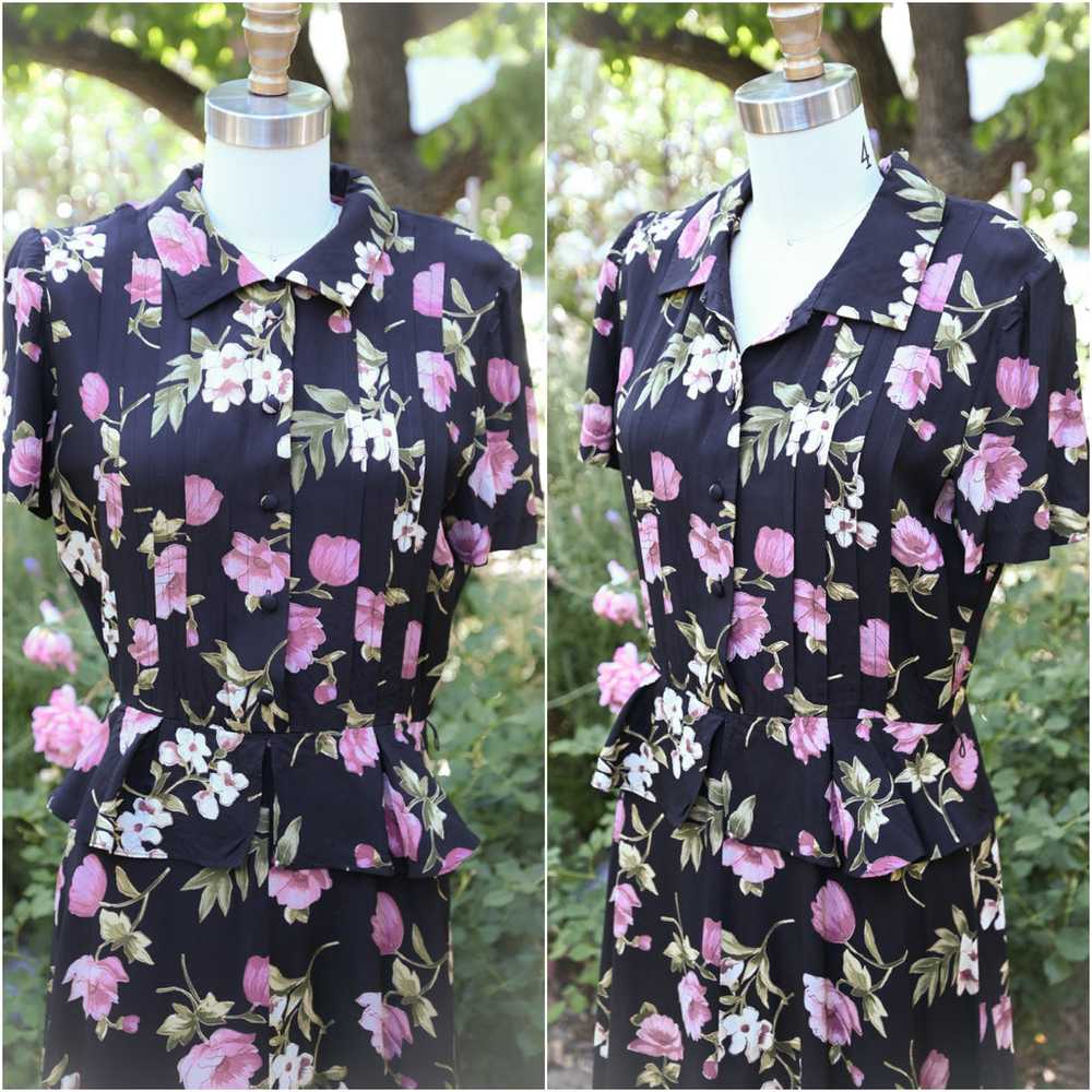 Vintage 90s does 40s Peplum Floral Dress, Navy Pi… - image 2