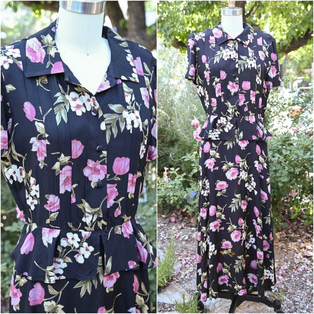 Vintage 90s does 40s Peplum Floral Dress, Navy Pi… - image 7