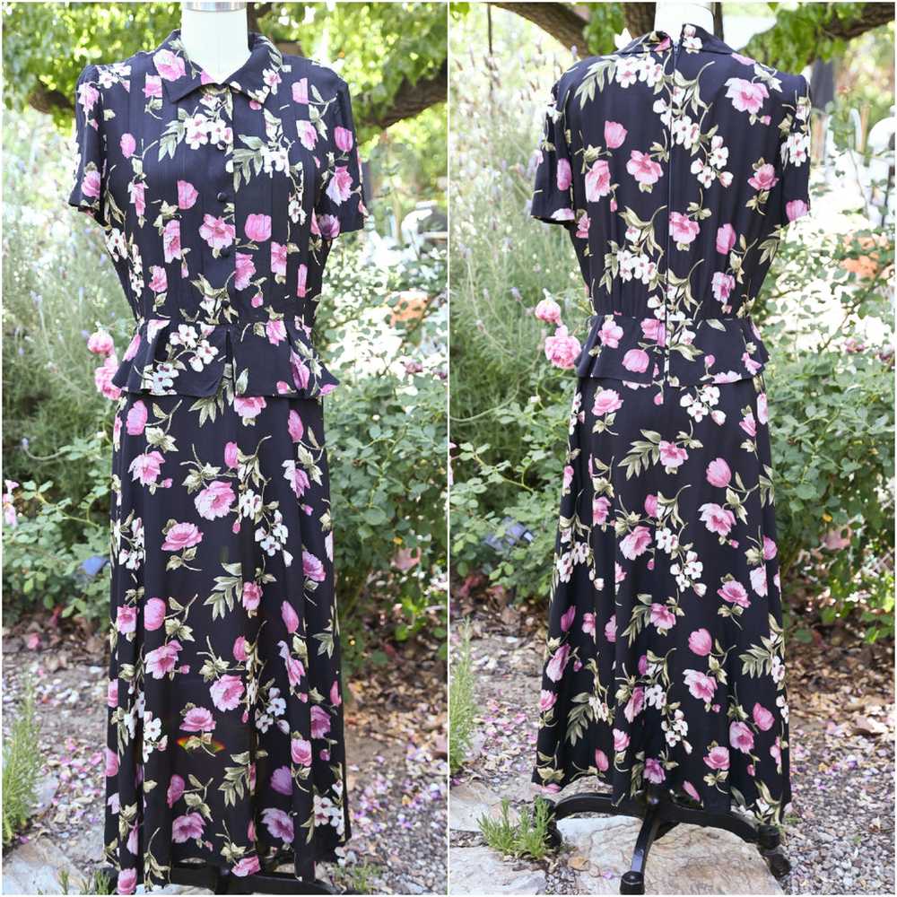 Vintage 90s does 40s Peplum Floral Dress, Navy Pi… - image 8