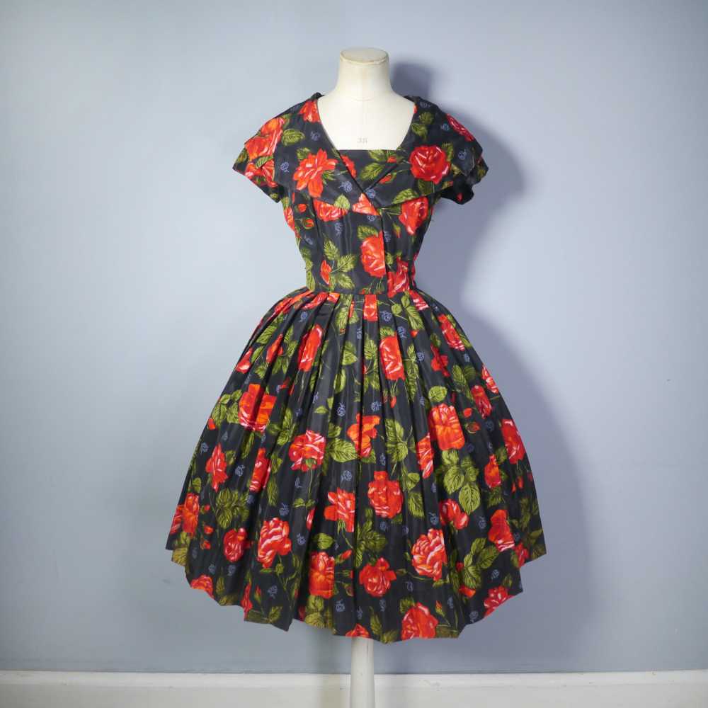 50s A DIANA DRESS BLACK RED FLORAL ROSE PRINT TAF… - image 6