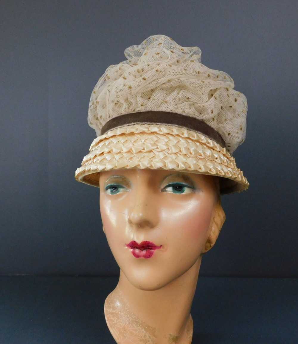 Vintage Dotted Tulle Straw Hat 1960s, 21 inch hea… - image 2